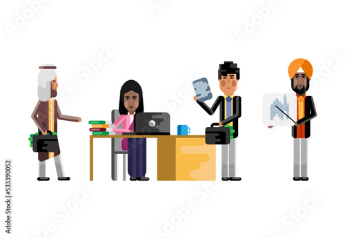 Arabic and asian business staff working in office, indian man doing business presentation. Corporate multicultural business people isolated vector illustration.
