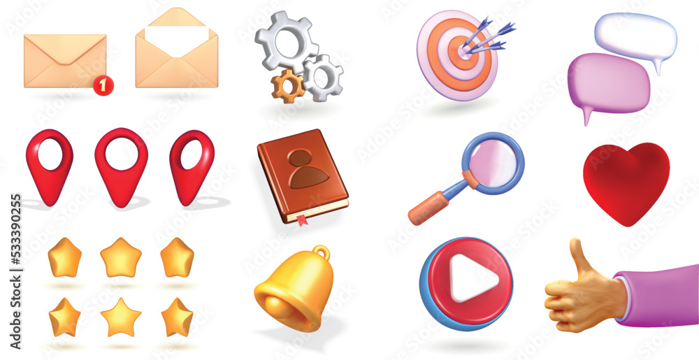 3d social media icons, online communication, digital marketing symbols. Like hand, speech bubble, notification bell 3d icon vector set. Elements for networking sites, applications 3d social media icons, online communication, digital marketing symbols. Like hand, speech bubble, notification bell 3d icon vector set. Elements for networking sites, applications