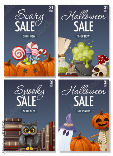 Halloween sale poster set. Pumpkins with sweet treat, bookstore and owl, ghost and scarecrow, attribute for divination, skull, potion, candle. Vector illustration. For banner, flyer, store. A4 format
