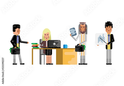 Multiethnic business staff in office and depositor with money suitcase, asian man doing presentation. Corporate multicultural business people isolated vector illustration.