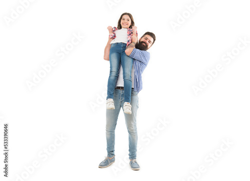 A darling daughter of her dad. Bearded man carrying small daughter child in his hands. Happy father and little daughter enjoying time together. Treating his daughter with love