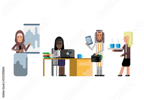 Multiethnic teamwork in office, arabic woman doing presentation on tribune, black businesswoman working at computer. Corporate multicultural business people isolated vector illustration.