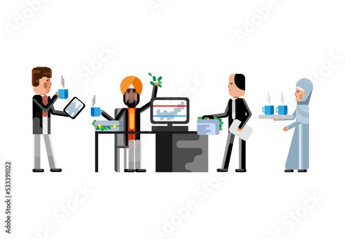 Multiethnic business staff in office, european businessman with tablet pc, investor with money suitcase. Corporate multicultural business people isolated vector illustration.