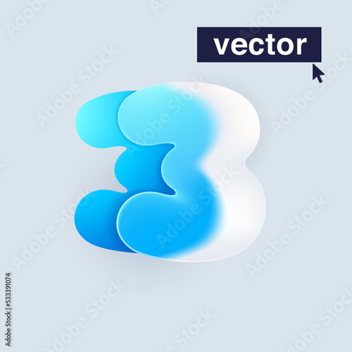 Number three logo in Glass morphism style. Vector blurry translucent icon on white background.