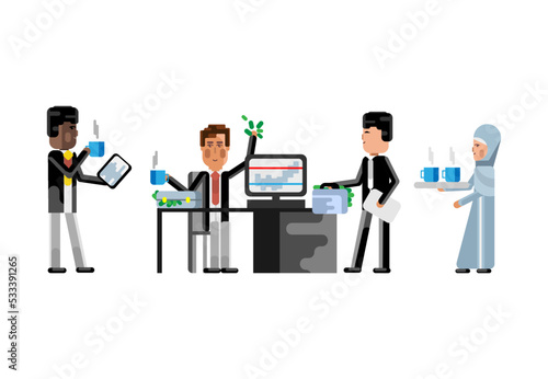 Multiethnic teamwork in office, african businessman with tablet pc, european man working at computer and arabic secretary with coffee cups. Multicultural business people isolated vector illustration.