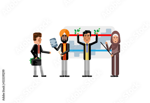 Multiethnic business team doing presentation before european investor with money suitcase. Corporate multicultural business people isolated vector illustration.