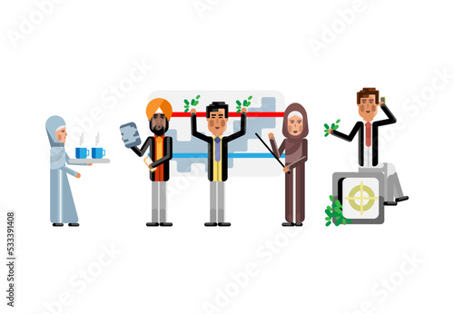 Multiethnic business team doing presentation before european depositor sitting on bank safe. Corporate multicultural business people isolated vector illustration.