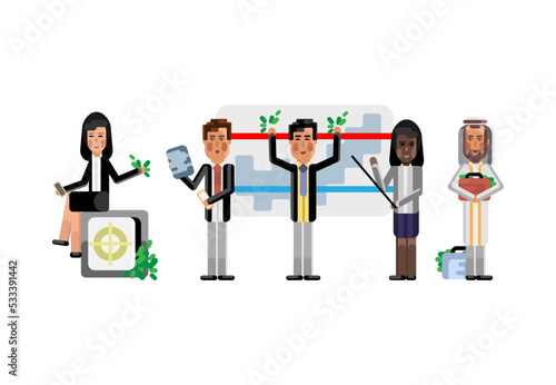 Multiethnic business team doing presentation before asian businesswoman sitting on bank safe and arabic investor. Corporate multicultural business people isolated vector illustration.