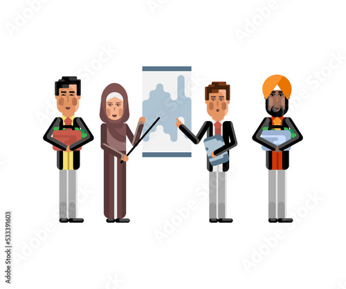Multiethnic business team doing presentation near whiteboard before european and indian depositors. Corporate multicultural business people isolated vector illustration.