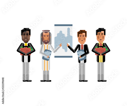 Business team doing financial presentation near whiteboard before african and asian depositors. Corporate multicultural business people isolated vector illustration.