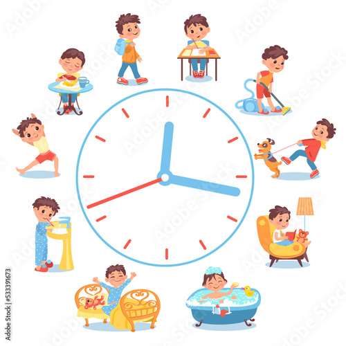 Boy daily routine. Children everyday activities and habits. Dial clock. Kids scheduling. Hygiene or studying. Teen eating and sleeping. Time to training or reading. Splendid vector concept
