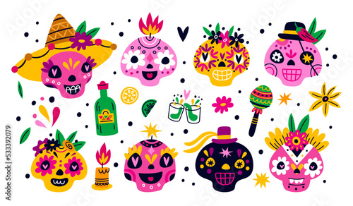 Day of Dead skulls. Calavera decorative sugar heads. Dia de Muertos. Mexican traditional holiday. Patterned carnival candles. Tequila bottles. Latino fiesta elements. Garish vector set