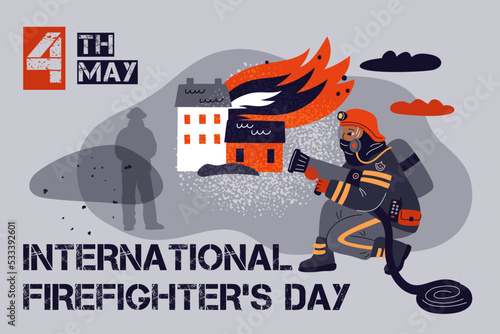 Firefighters Day poster. International professional holiday. Emergency service. Extinguishers fighting fire and saving people. Firemen extinguish burning house. Garish vector concept