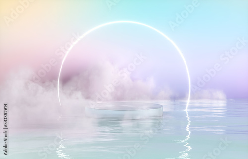 Abstract Winter scene with a podium on pastel color background. 3d rendering.