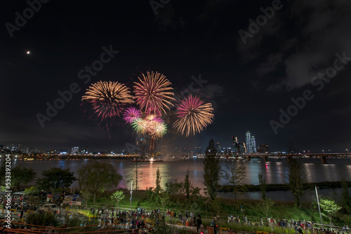 International Fireworks Festival In Seoul, the Hangang River in the night city of Yeouido. South Korea