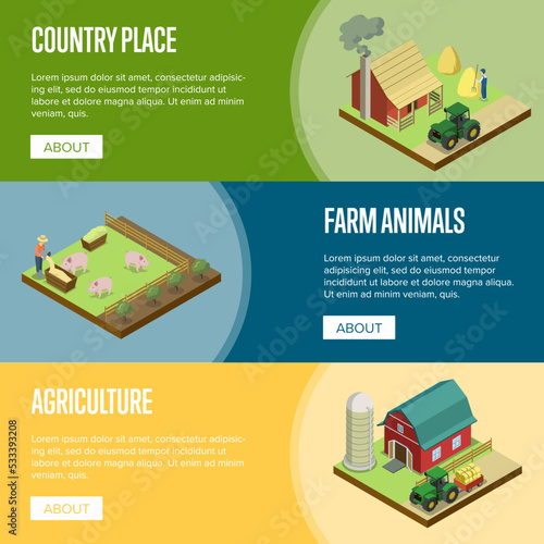 Natural farming isometric horizontal flyers. Hay making and pigs breeding, tractor near rural farm barn. Agriculture industry, traditional agrobusiness, countryside eco products vector illustration