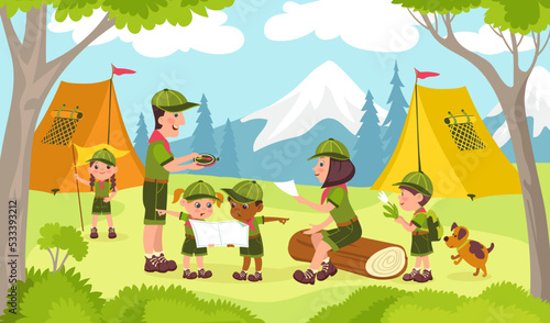 Kids scouts. Cute young tourists and trackers with adult mentors study area map. Children hiking or camping on nature. Teachers teach teens forest navigation. Splendid vector concept