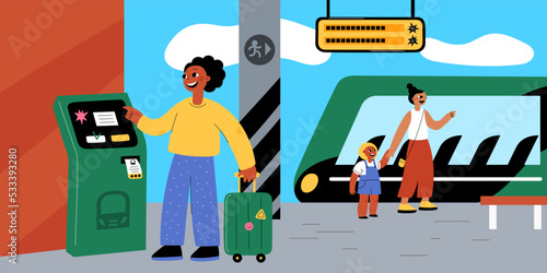 People on station. Passengers pay for tickets via ATM. Electronic payment points. Contactless purchase. Self ordering touchscreen terminal. Automatic machine. Garish vector concept