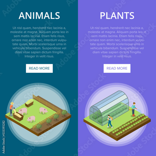 Natural farming isometric vertical flyers. Animal breeding and watering plants in greenhouse. Agriculture industry, traditional agrobusiness, countryside farmland, eco products vector illustration.