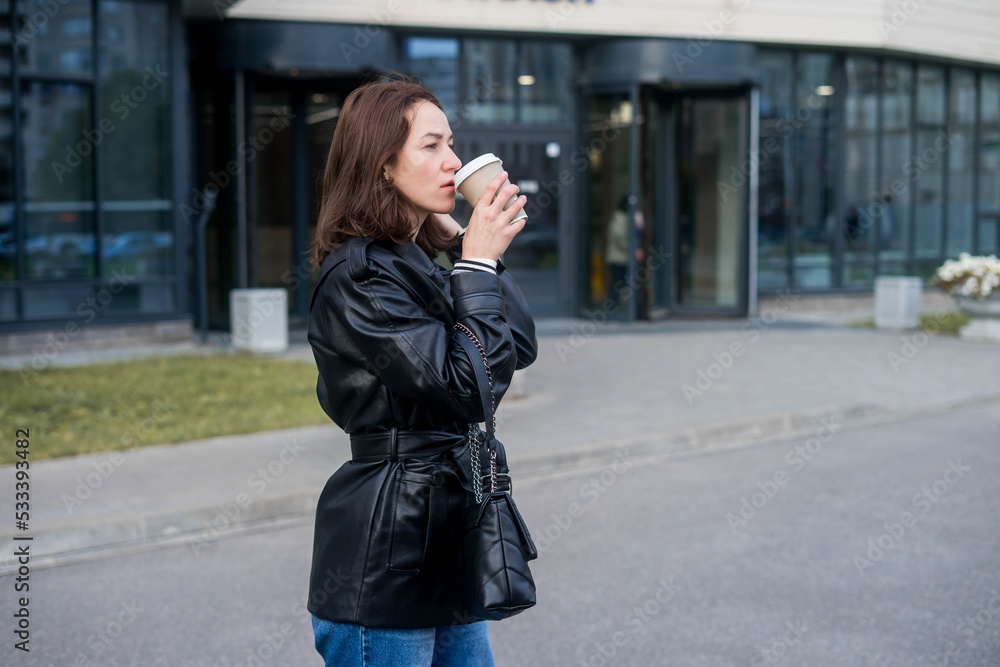 Woman Going To Work With Coffee Walking Near Office Building Woman Going To Work With Coffee Walking Near Office Building