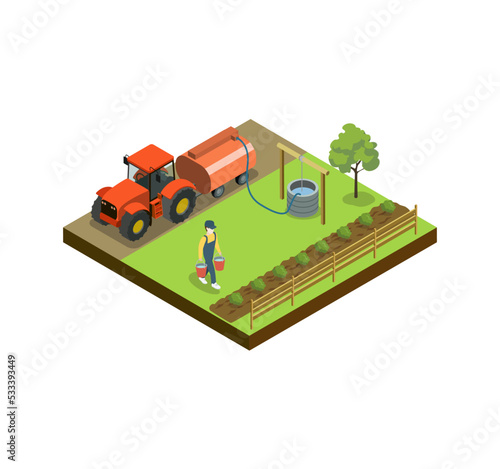 Man watering vegetable beds isometric 3D element. Natural farming, traditional agribusiness isolated vector illustration.