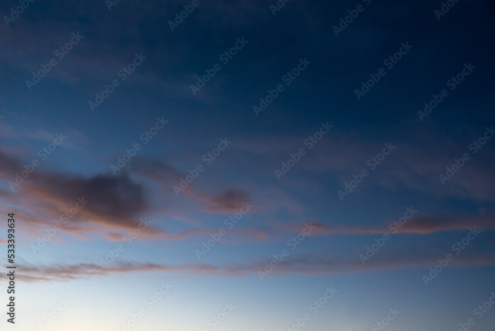 Beautiful sky with clouds at blue hour, sky remplacement, nature background