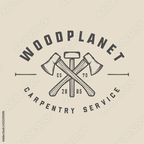 Vintage retro woodwork carpentry mechanic emblem, logo, badge, label. mark, poster or print. Monochrome Graphic Art. Vector Illustration. Engraving