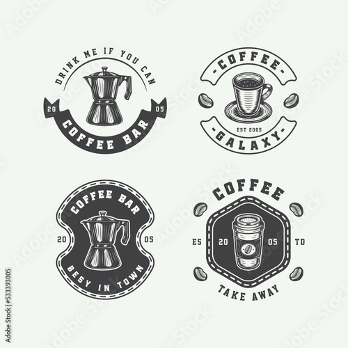 Set of vintage retro coffee emblem, logo, badge, label. mark, poster or print. Monochrome Graphic Art. Vector Illustration. Engraving style