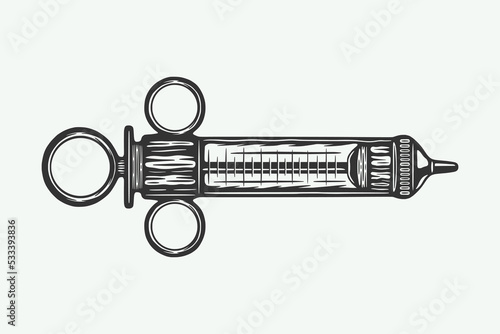 Vintage retro woodcut medical syringe. Can be used like emblem, logo, badge, label. mark, poster or print. Monochrome Graphic Art. Vector