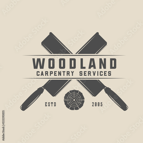 Vintage retro woodwork carpentry mechanic emblem, logo, badge, label. mark, poster or print. Monochrome Graphic Art. Vector Illustration. Engraving