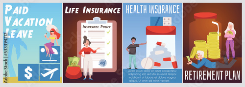 Employee benefits posters set, corporate job insurances concept - flat vector illustration.