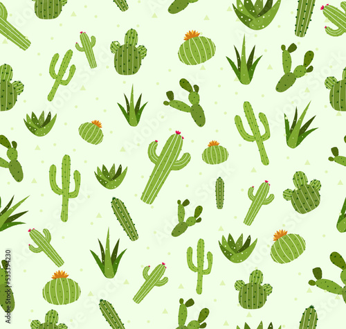 Seamless pattern various types of Cactus plants green nature Trees that live in the desert have thorns around them to protect themselves.