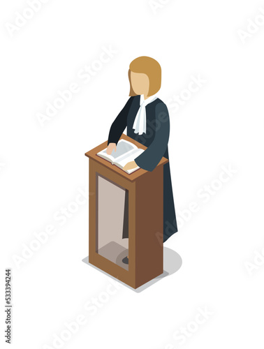 Prosecutor pronounce of sentence isometric 3D element. Law and judgment legal justice vector illustration.