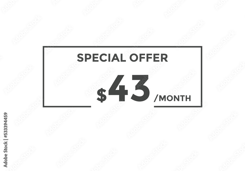 $43 USD Dollar Month sale promotion Banner. Special offer, 43 dollar month price tag, shop now button. Business or shopping promotion marketing concept
$43 USD Dollar Month sale promotion Banner. Special offer, 43 dollar month price tag, shop now button. Business or shopping promotion marketing concept