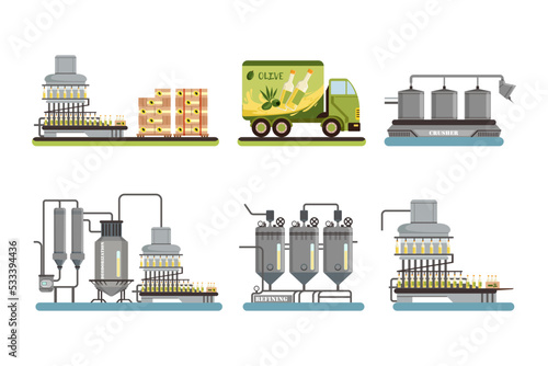 Olive oil factory production and packaging line. Stainless industrial equipment set cartoon vector illustration