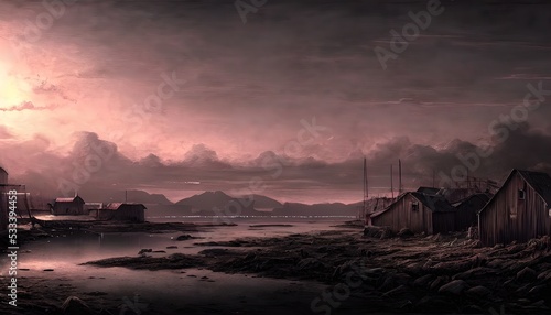 Fishing village, on the edge of the world. Old pier. Illustration for a book, concept art