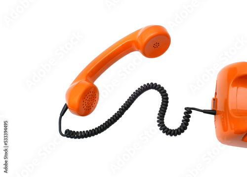 Old orange retro phone receiver hotline  isolated on transparency photo png file  photo