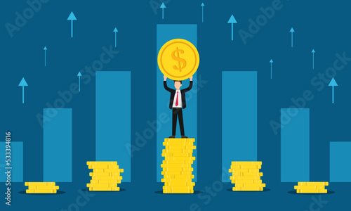 Print op canvas Businessman in a suit stood on top of the gold coins arranged in descending order, holding up the gold coins