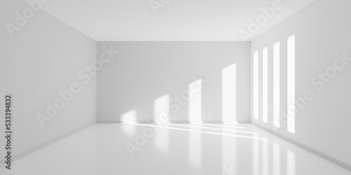 Empty white interior room with sun from multiple windows and reflective floor, modern architecture template background photo