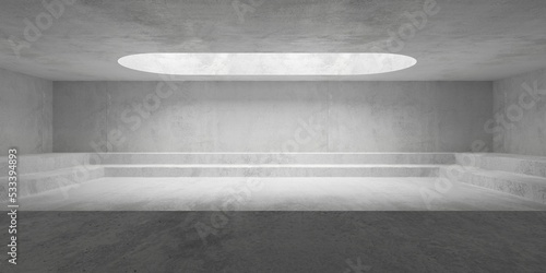 Abstract large, empty, modern concrete room, with oval ceiling opening, lowered area with stairs and rough floor - industrial interior background template © Shawn Hempel
