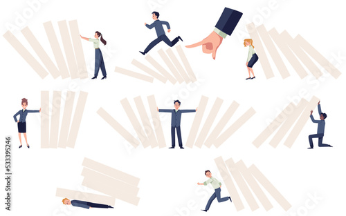 Set of different businesspeople with domino falling effect flat style