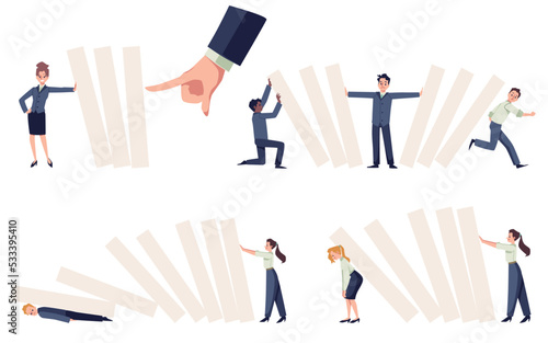 Set of businesspeople with giant domino falling flat style