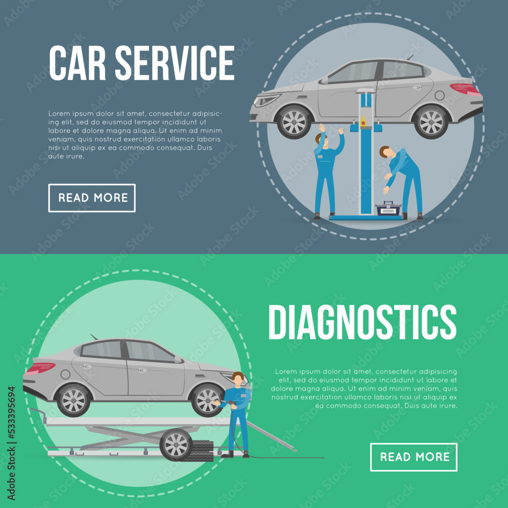 Car diagnostics and repair services flyers. Mechanic in uniform