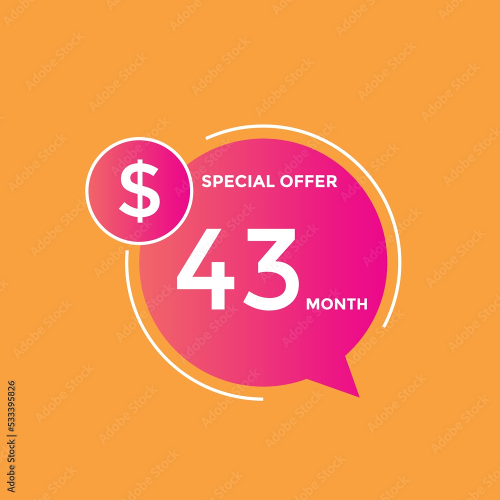 $43 USD Dollar Month sale promotion Banner. Special offer, 43 dollar month price tag, shop now button. Business or shopping promotion marketing concept
