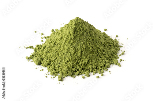 pile of dry true indigo powder, indigofera tinctoria, used in preparing indigo dye and traditional medicinal herb isolated on white background