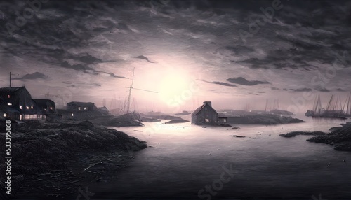 Fishing village, on the edge of the world. Old pier. Illustration for a book, concept art