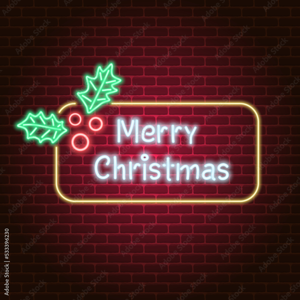 Obraz premium Stock vector Merry Christmas neon sign on brick wall background