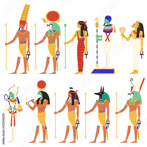 Egyptian gods and goddesses set, flat vector illustration isolated on white background.