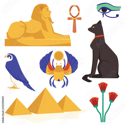 Egyptian ancient gods and sacred animals set, flat vector illustration isolated.