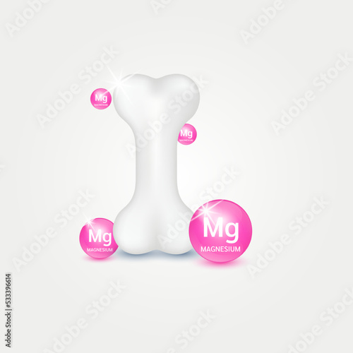 Vitamin Icon minerals Magnesium (Mg) circle ball pink on white background help strengthen bone. Healthy knee bone human bone anatomy. Skeleton x ray scan concept therapy. Medical or healthcare. 